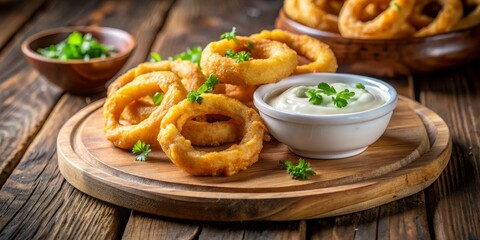 Crispy Onion Rings with Creamy Dip on Wooden Platter, Food Photography, Appetizer, Onion Rings, Dipping Sauce