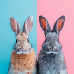 Fototapeta premium Two adorable rabbits curiously posing for the camera in front of a lovely pastel colored wall