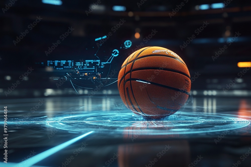Poster illustrate a futuristic basketball design with interactive features that record player data when use