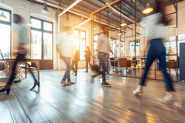 A busy office with people walking around and a few sitting at desks, generative ai image.,