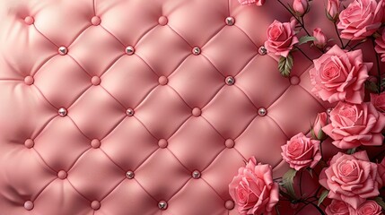 Pink tufted upholstery with pink roses.