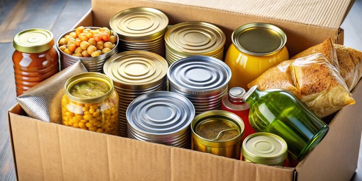 Food Donation Box Canned Goods, Glass Jars, and Bags, food bank, donation, charity