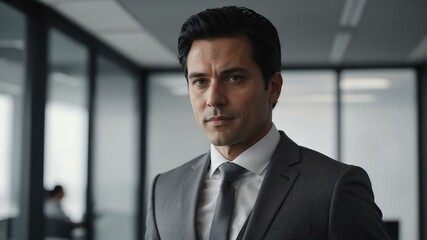 Fototapeta premium adult black hair white man in gray formal attire model portrait looking confident on an office background for ad concept space for text
