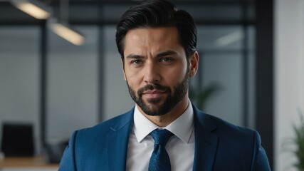 Fototapeta premium adult black hair white man in blue formal attire model portrait looking confident on an office background for ad concept space for text