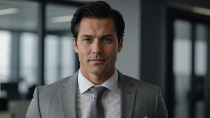 Fototapeta premium adult black hair white man in gray formal attire model portrait looking confident on an office background for ad concept space for text