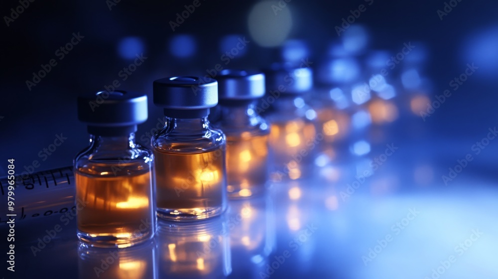 Aufkleber A row of glass vials with a clear amber liquid is displayed on a shiny blue surface. The vials are illuminated by an internal light source, casting a warm glow