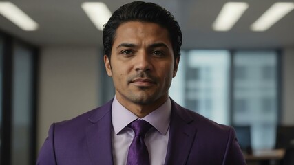 Fototapeta premium adult black hair hispanic man in purple formal attire model portrait looking confident on an office background for ad concept space for text
