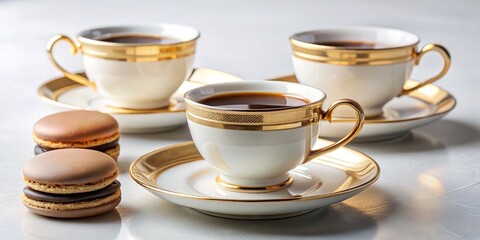 Fototapeta premium Golden Rim Coffee Cups and Chocolate Macarons, Coffee , Tea , Dessert