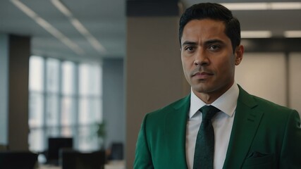 Fototapeta premium adult black hair hispanic man in green formal attire model portrait looking confident on an office background for ad concept space for text