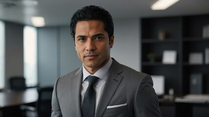 Fototapeta premium adult black hair hispanic man in gray formal attire model portrait looking confident on an office background for ad concept space for text