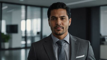 Fototapeta premium adult black hair hispanic man in gray formal attire model portrait looking confident on an office background for ad concept space for text