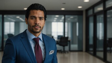 Fototapeta premium adult black hair hispanic man in blue formal attire model portrait looking confident on an office background for ad concept space for text