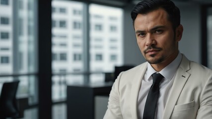 Obraz premium adult black hair finnougric man in white formal attire model portrait looking confident on an office background for ad concept space for text