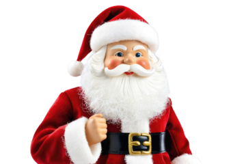 Christmas Santa doll, carved finely with expressive features, red coat glistening under studio lights, tiny white fluffy beard sumptuously contrasting against pristine, isolated white background