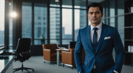 Obraz premium adult black hair finnougric man in blue formal attire model portrait looking confident on an office background for ad concept space for text