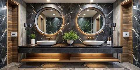 Modern Bathroom with Double Sinks and Circular Mirrors, Marble Wall, Wooden Accents, Interior Design, Luxury Bathroom, Minimalist Bathroom, Interior Design Trends