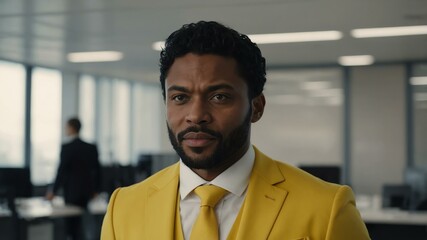 Fototapeta premium adult black hair european man in yellow formal attire model portrait looking confident on an office background for ad concept space for text