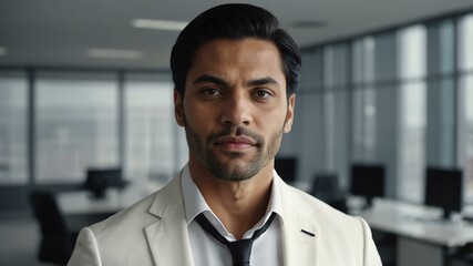 Fototapeta premium adult black hair european man in white formal attire model portrait looking confident on an office background for ad concept space for text