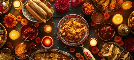 Traditional Day of the Dead Feast with Tamales, Pan de Muerto, Mole, Candles, Sugar Skulls, and Marigold Petals