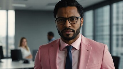 Obraz premium adult black hair european man in pink formal attire model portrait looking confident on an office background for ad concept space for text