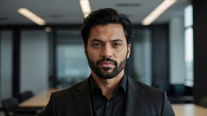 Obraz premium adult black hair european man in black formal attire model portrait looking confident on an office background for ad concept space for text