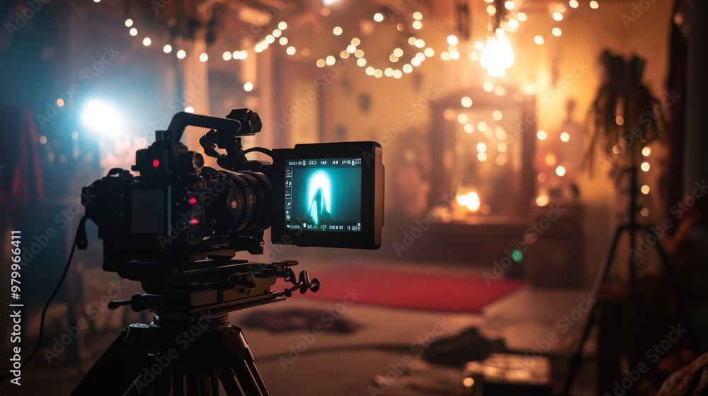 Poster a professional camera on a tripod is set up to film in a dimly lit room. the camera's viewfinder sho