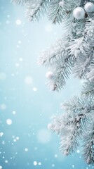 Close-up view of pine tree branches covered with frost. The needles are detailed, showcasing the ice crystals formed on them, giving the branches a white, frosted appearance.