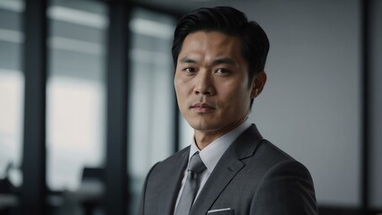 Fototapeta premium adult black hair east asian man in gray formal attire model portrait looking confident on an office background for ad concept space for text
