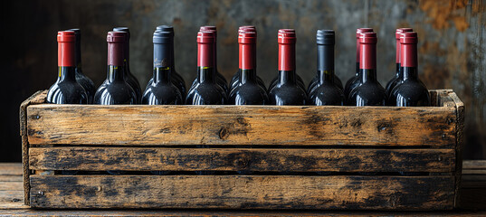  A wooden crate overflowing with various wine bottles, showcasing an assortment of colors and labels.
