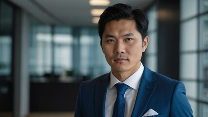adult black hair east asian man in blue formal attire model portrait looking confident on an office background for ad concept space for text