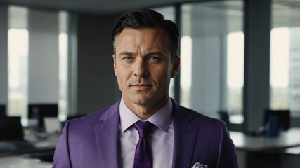 Fototapeta premium adult black hair caucasian man in purple formal attire model portrait looking confident on an office background for ad concept space for text