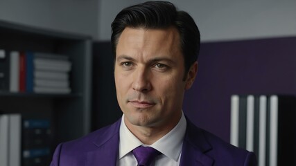 Naklejka premium adult black hair caucasian man in purple formal attire model portrait looking confident on an office background for ad concept space for text