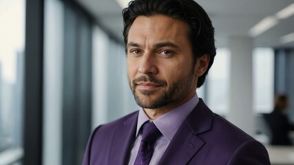 Fototapeta premium adult black hair caucasian man in purple formal attire model portrait looking confident on an office background for ad concept space for text