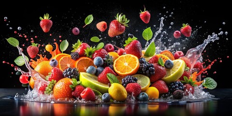Water Splashing on a Mix of Berries and Citrus Fruit, black background, photography, fresh fruits, healthy food, water splash, fruit salad