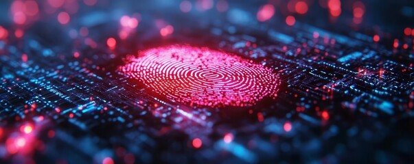 A vibrant digital fingerprint overlaying a microchip, representing security and technology in the digital age.
