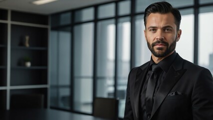Fototapeta premium adult black hair caucasian man in black formal attire model portrait looking confident on an office background for ad concept space for text