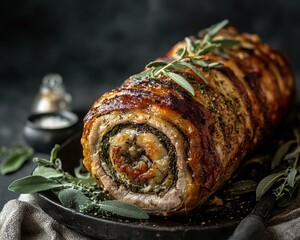 Artistically displayed pork roast with herbs on rustic background