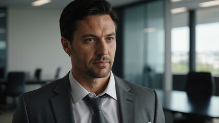 Fototapeta premium adult black hair caucasian man in gray formal attire model portrait looking confident on an office background for ad concept space for text