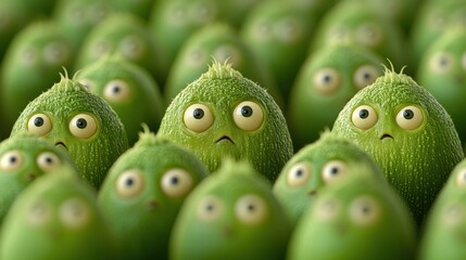 A group of green vegetables with eyes and mouths are grouped together, AI