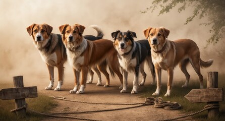 Four dogs standing on a dusty path with a wooden fence and fog in the background