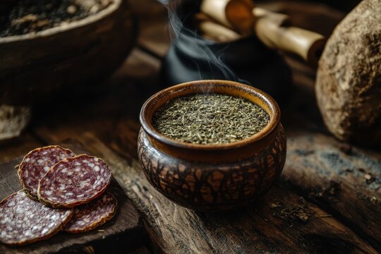 Authentic Brazilian yerba mate with gaucho tradition Arauc&aacute;ria pine trees and smoked salami in rustic setting with dramatic lighting