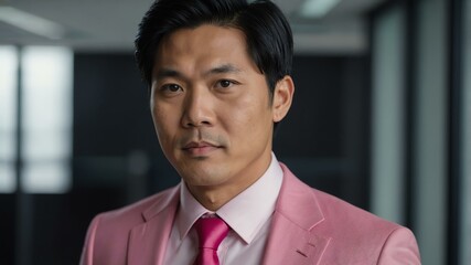 Fototapeta premium adult black hair asian man in pink formal attire model portrait looking confident on an office background for ad concept space for text