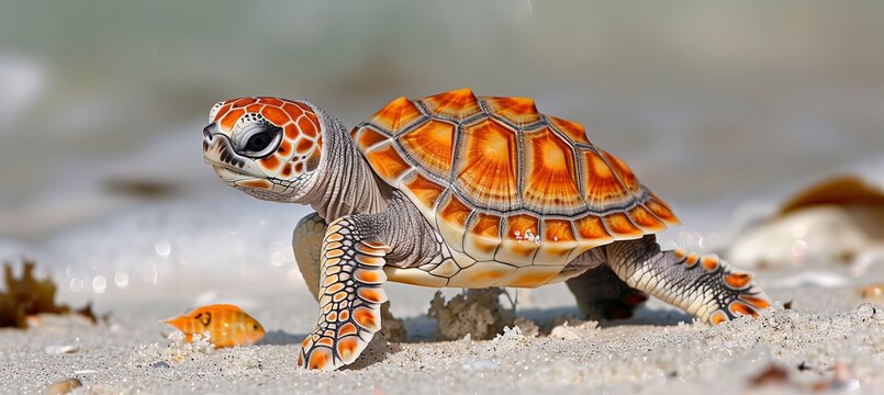 A turtle gracefully crawls along the warm summer sand at the ocean s edge, enjoying the sun