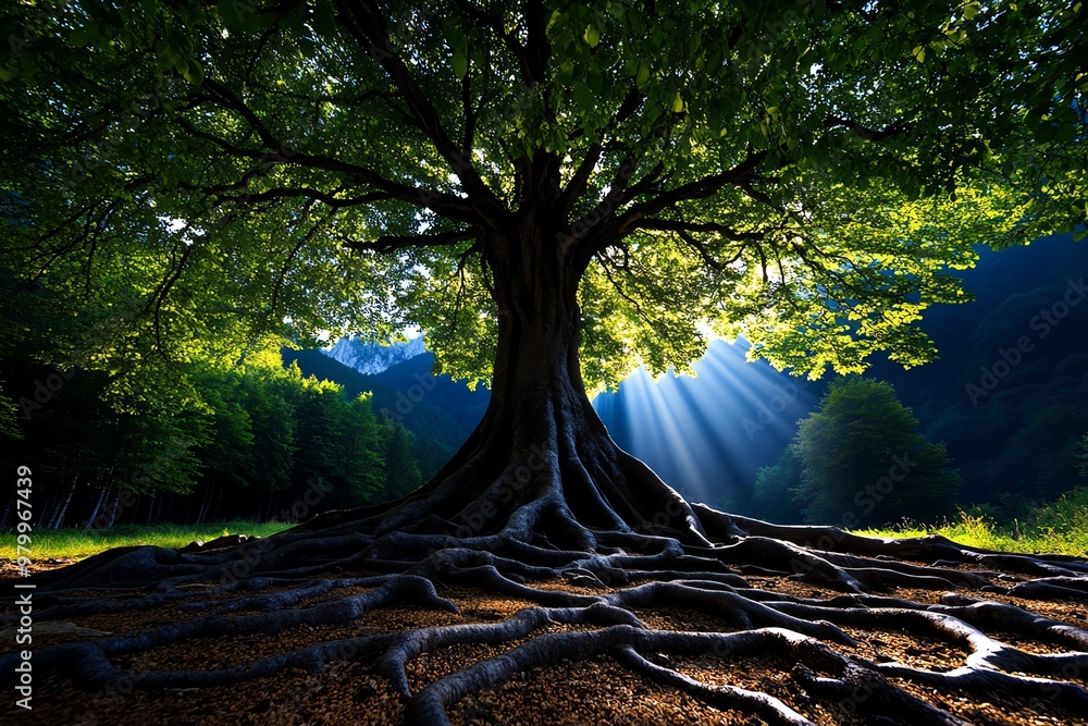 Aufkleber an ancient tree with sprawling roots, surrounded by a magical forest with soft light filtering throu