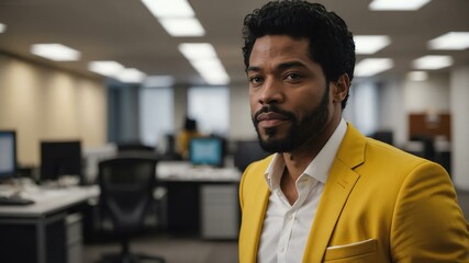 Obraz premium adult black hair american man in yellow formal attire model portrait looking confident on an office background for ad concept space for text