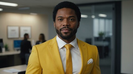 Fototapeta premium adult black hair american man in yellow formal attire model portrait looking confident on an office background for ad concept space for text