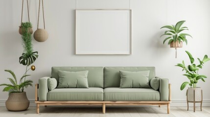 Fototapeta premium blank picture frame hanging on a white wall above a light green sofa, surrounded by several indoor plants in a cozy living room generative ai