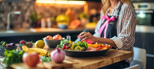 Obraz premium Healthy Breakfast in Kitchen: Woman in Apron with Pink Ribbon, Surrounded by Fresh Fruits and Vegetables