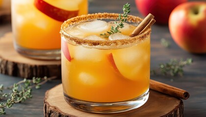 Autumn mocktail or cocktail with cinnamon fresh thyme and brown sugar rim made with apple cider