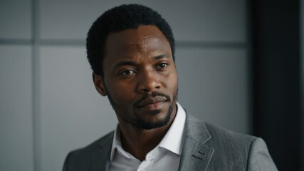 Fototapeta premium adult black hair african man in gray formal attire model portrait looking confident on an office background for ad concept space for text